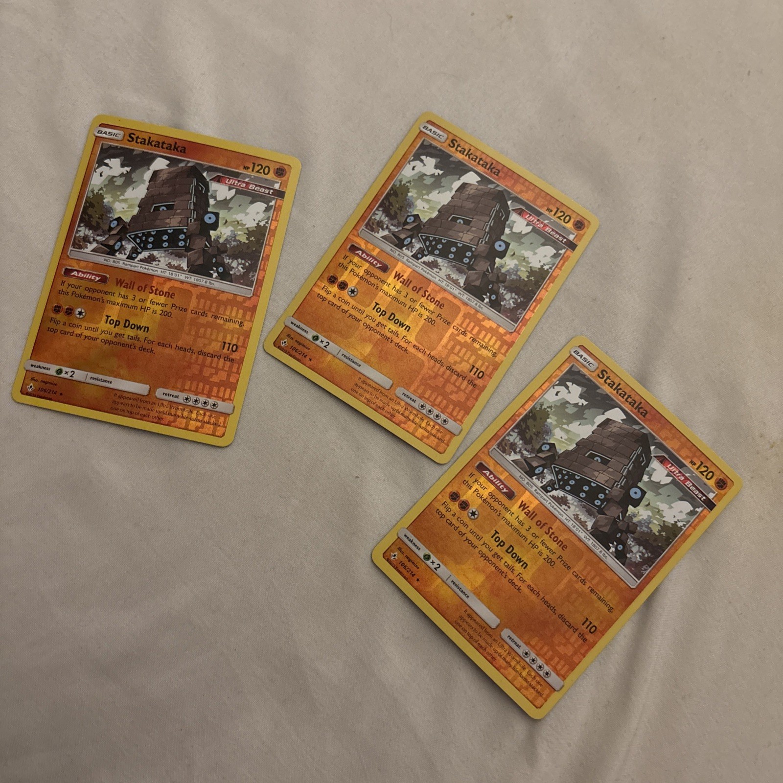 3 Pokemon TCG SM Unbroken Bonds 106/214 Stakataka Reverse Holo Rare Cards