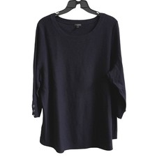 Talbots Womens 2X Navy Blue Textured Knit Crewneck 3/4 Sleeve Sweater Button Det