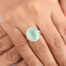 Aqua Chalcedony Gemstone 925 Sterling Silver Jewelry Handmade Ring Gift For Her