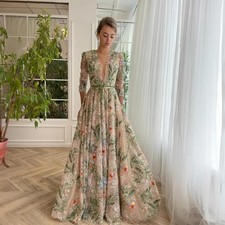 V-Neck Glitter Embroidery Lace Prom Dress Transparent Sequins Lace Evening Dress