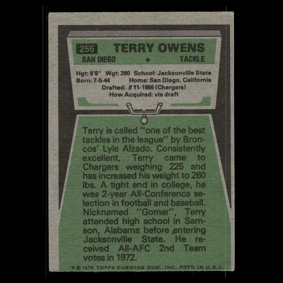 Terry Owens #256 1975 Topps San Diego Chargers Vintage Football Card Set-Break - Image 2 of 3