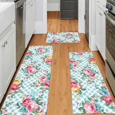 Floral Kitchen Rugs and Mats Set of 3, Boho Teal Floral Spring Pioneer Women