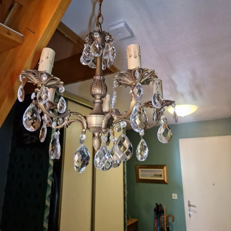 ANCIEN LUSTRE EN BRONZE A PAMPILLES 5 FEUX LUMIERE FRENCH ANTIQUE - Photo 3/4