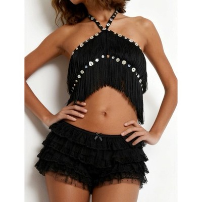 $145 NWT JADED LONDON Asha Fringed Button Crossover Top, Black, Large