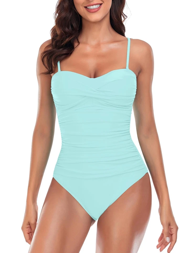 Traje de baño de una pieza RELLECIGA para mujer con control de barriga bandeau sin tirantes acanalado Foto 2 de 4