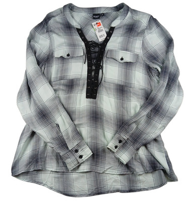 Cruel Girl Denim Green black Plaid Lace up Front Hi-lo Sexy Shirt Western SZ 2XL
