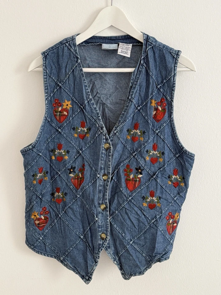 Vintage Jeans Weste Stickerei Herzen Blumen Denim Boho 90s Hippie Gr M - Bild 1 von 4
