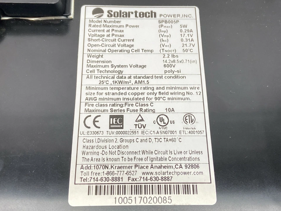 Solartech SPB005P 5W 0.29A 6V 太阳能电池板 聚电池 14.2x8.5x0.71 — 第 4/4 张图片