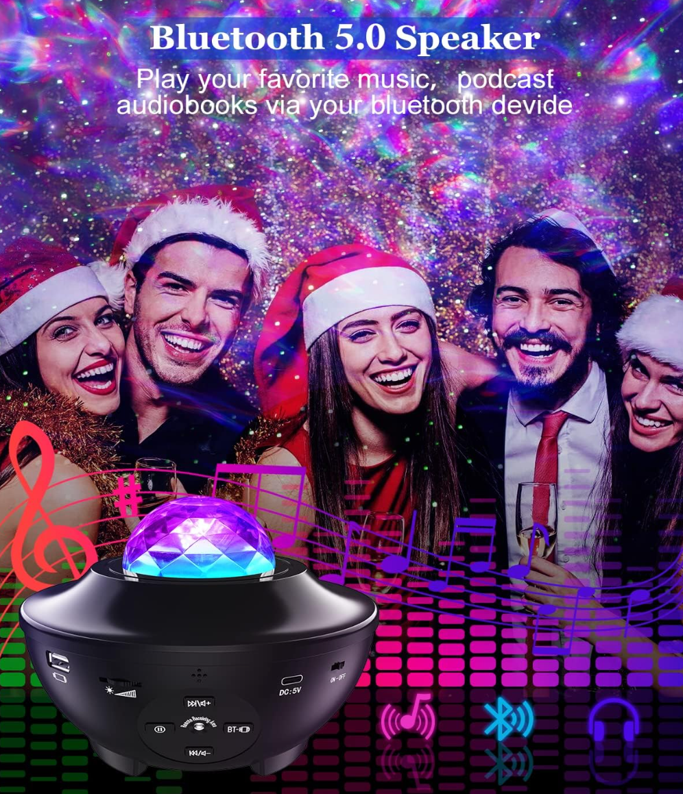 Lampada Funghetto Con Proiettore Onde LED Starnearby - 16 Colori, Bluetooth, Telecomando