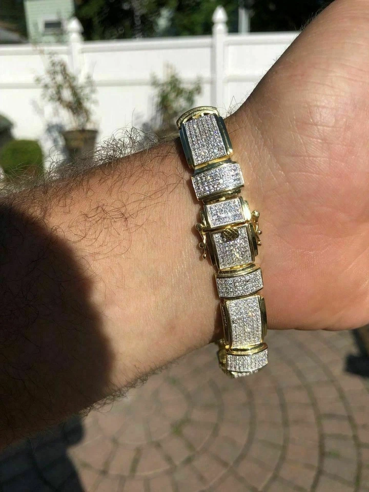 Pulsera personalizada para hombre enchapada en oro amarillo de 14k plata maciza 925 diamantes simulados Foto 3 de 4