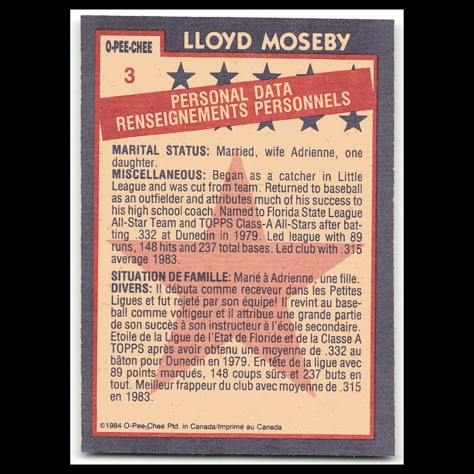 Lloyd Moseby #3 1984 O-Pee-Chee Toronto Blue Jays Baseball Card MLB NM - Image 2 of 3