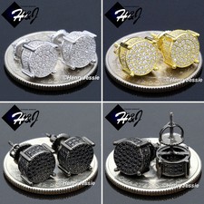 MEN 925 STERLING SILVER 8MM ICY CZ GOLD/BLACK PLATED/SILVER 3D STUD EARRING E142
