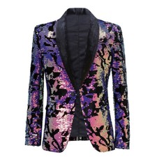 Mens Slim Fit Sequin Fashion West Host Bar Performance Suit Jacket Blazer Coat