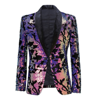 Mens Slim Fit Sequin Fashion West Host Bar Performance Suit Jacket Blazer Coat