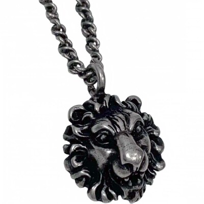 GUCCI Pendant Necklace Silver Lion Head 410673 Aged Palladium Finish Metal 