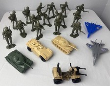 Vintage Large 5 Green Plastic Army Soldiers With Tanks, Atv, Jets