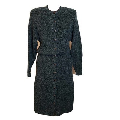 Vintage st John Sweater Dress Teal Black Knit Crew Neck ButtonFront Pockets