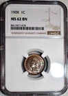 NGC MS-62 BN 1908 Indian Head Cent, Highly Lustrous & Lightly Toned.