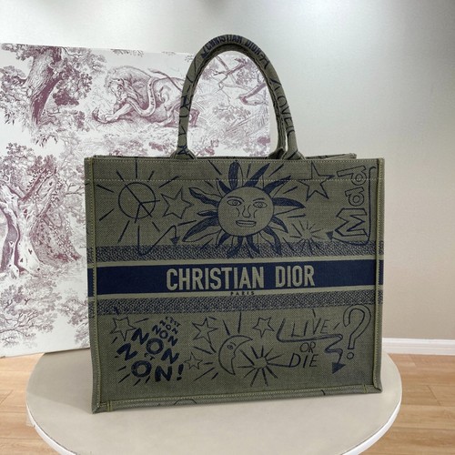 15%OFF Christian Dior Book Tote Large Army Green Embroidered Canvas Sun Graffiti