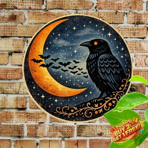 Owl and Moon 8x8 Round Vintage Style Halloween Metal Tin Sign