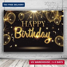 Black Gold Happy Birthday Party Decorations Backdrop, Golden Balloons Glitter St