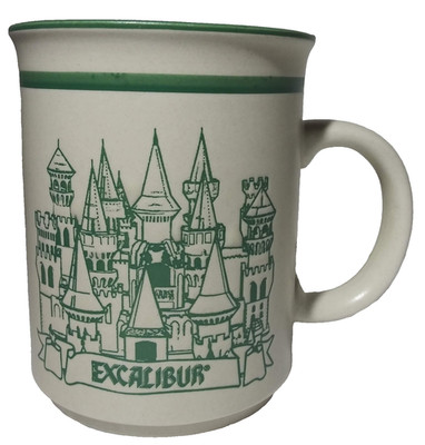 Vintage Excalibur Hotel & Casino Las Vegas Beige W/ Green Stoneware Coffee Mug