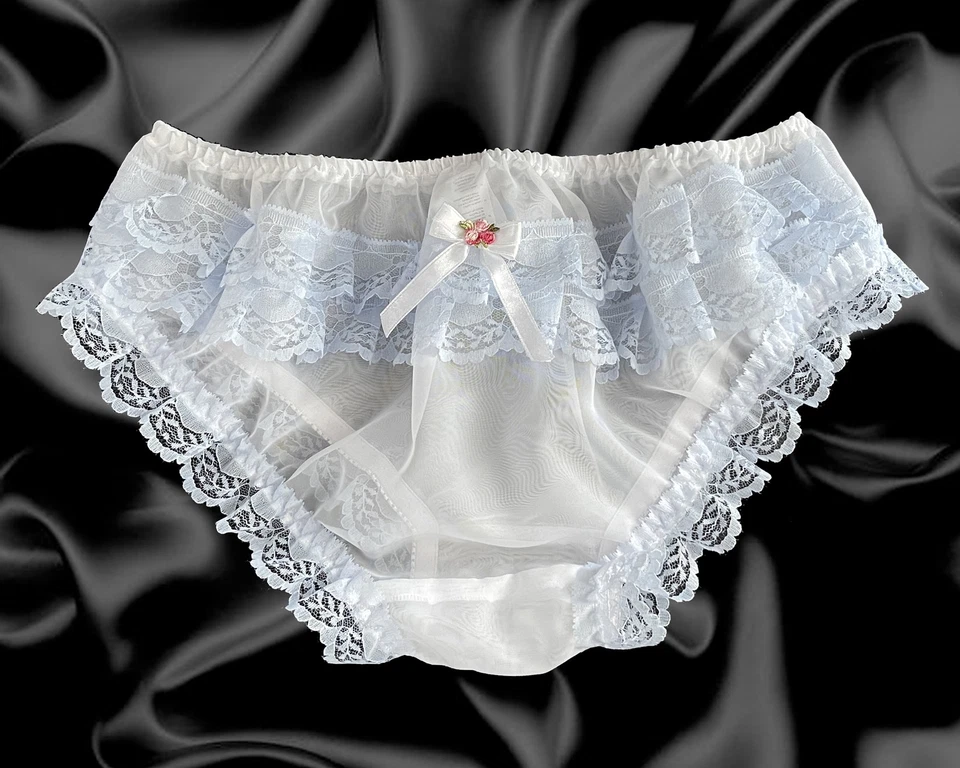 White Blue Frilly Sissy Sheer Soft Nylon Satin Bow Panties Knickers Size 10-20 - Image 1 of 1