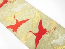 7650518: JAPANESE KIMONO / ANTIQUE FUKURO OBI / SILK / WOVEN SPIRAL  CRANES