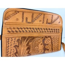 Vintage Hand Tooled Leather Aztec Mayan Crossbody Bag Tan Suede Lined Satchel