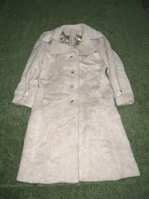 100% Llama Coat Womens 42 Beige Long Overcoat Satin Lined Button Front