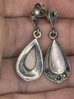 Vintage 925 Sterling Silver Pink Mother Of Pearl & Marcasite Dangle Earrings — photo 6