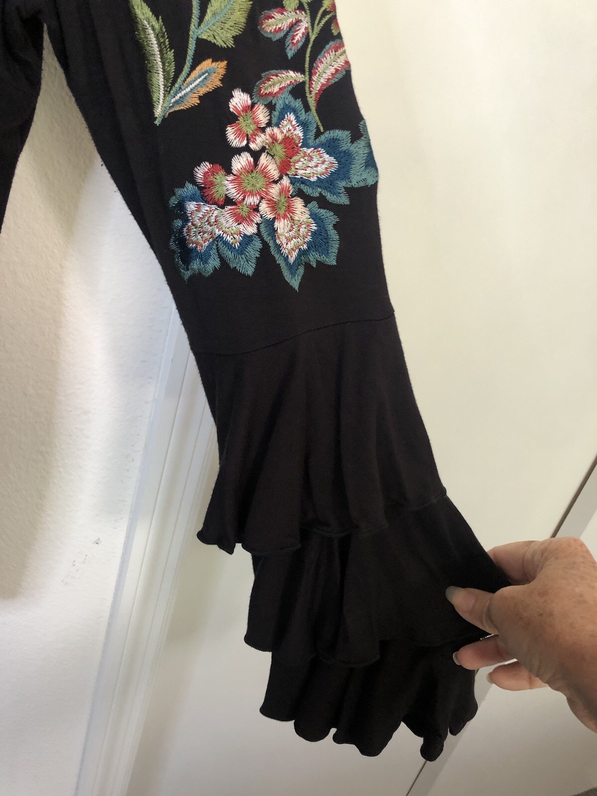 INC International Concepts Anna Sui Embroidered Ruffle Bell Sleeve Top PL Petite