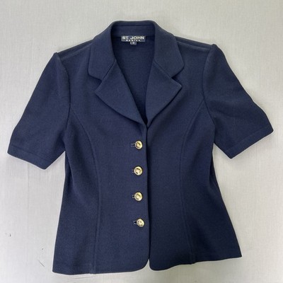 St John Knit Blue Santana Short Sleeve Blazer Gold Buttons Women s Size 10