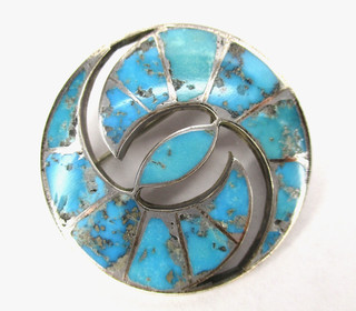 Vtg Zuni Sterling Silver & Turquoise Spiral Pin Native American Southwest