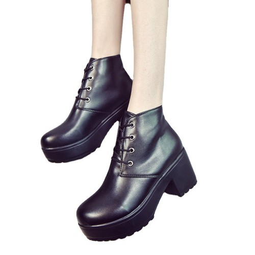 Womens Round Toe Ankle Boots Platform Lace Up High Chunky Block Heels Shoes Size - Afbeelding 5 van 11