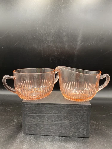 PINK DEPRESSION ANCHOR HOCKING OLD COLONY OPEN LACE CREAMER CREAM & SUGAR