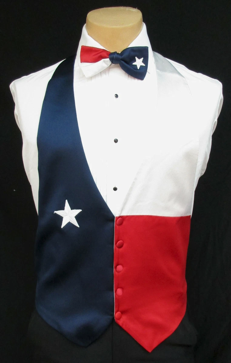 Boys Large Red White Blue Texas Star Satin Tuxedo Vest Bow Tie Made in USA