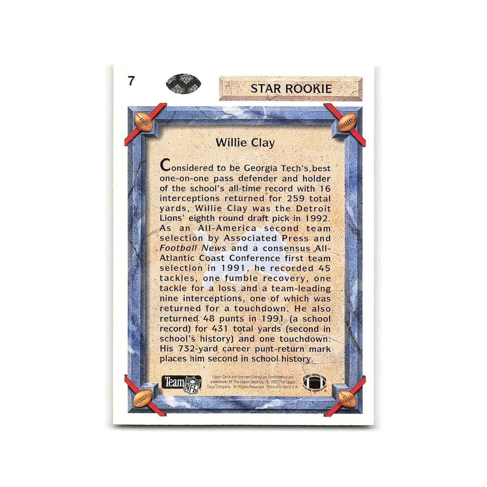 Willie Clay Rookie 1992 Upper Deck #7 Detroit Lions Football Card NM - Image 2 of 3