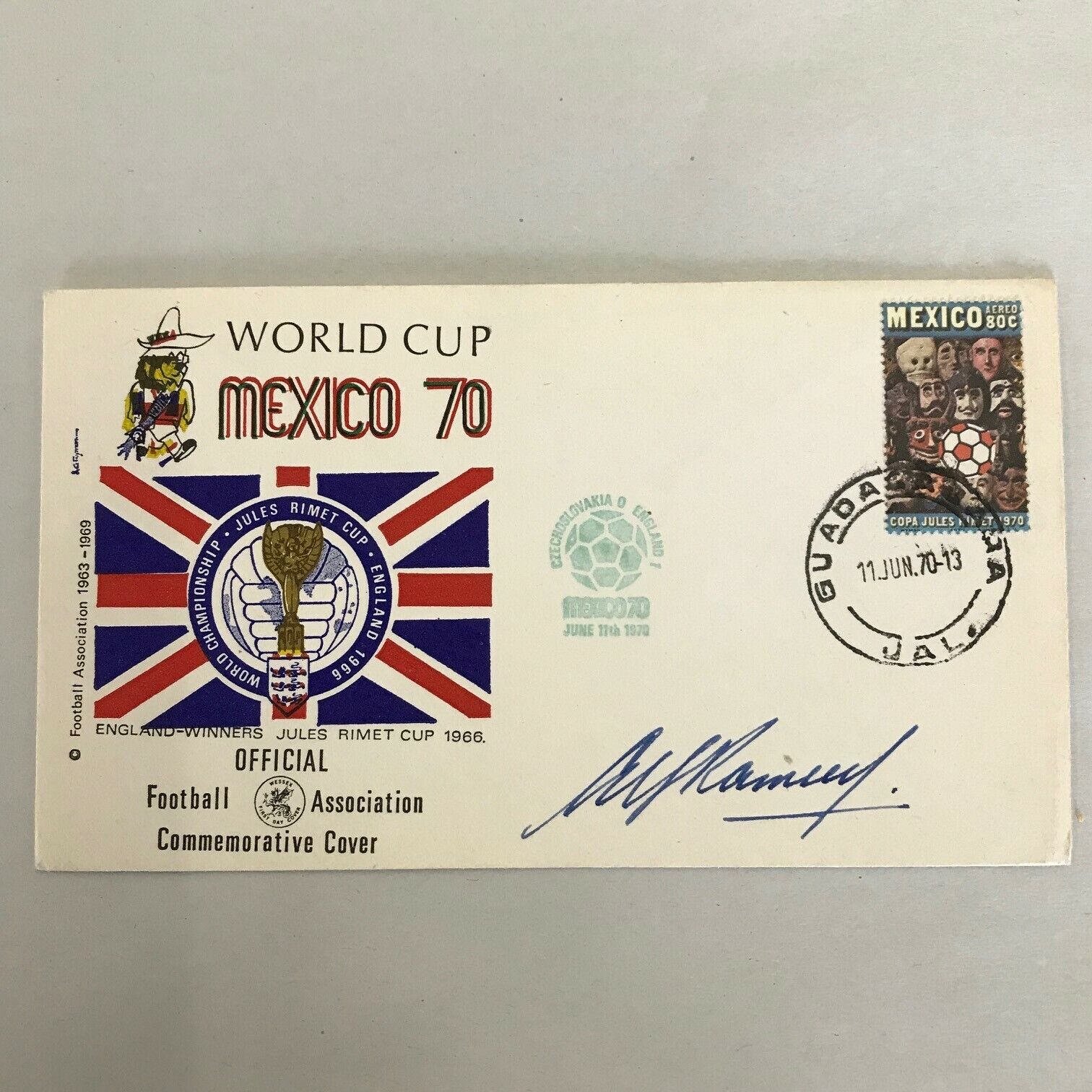Vintage Envelope World Cup 1970 Mexico Czech England Signed Stamp Unused