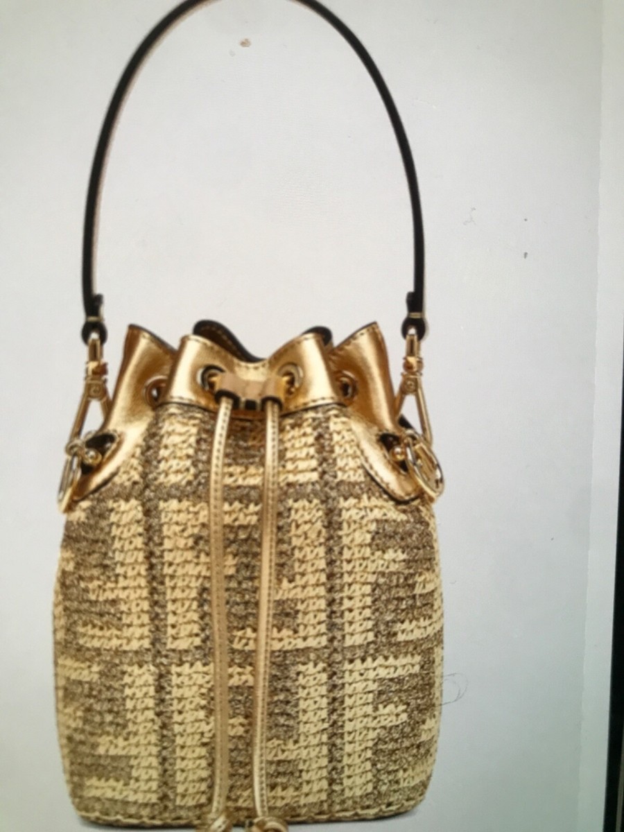 Gold Fendi Mini Mon Tresor Raffia Crochet Bucket Bag | eBay