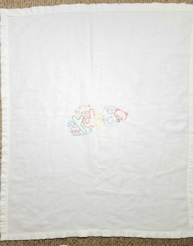 Vintage Quiltex BABY Blanket Bear Cat Bunny Rabbit White Acrylic Satin Trim - Picture 9 of 12