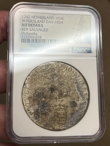 1742 Netherlands Ducaton Hollandia Shipwreck NGC AU Details Sea Salvaged Silver - Picture 10 of 12