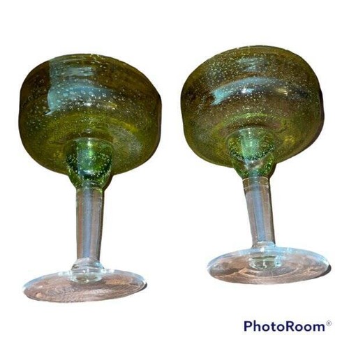 2 Margarita Glasses Vintage Hand Blown Glass Green & Clear Stems Mexico - Picture 5 of 11