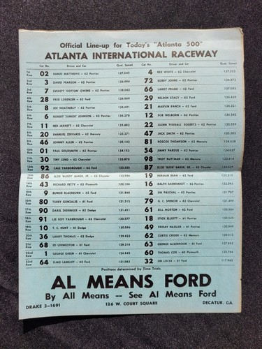 1962 NASCAR Grand National Atlanta 500 Program/Lineup, Fred Lorenzen Win #4 - Picture 2 of 16