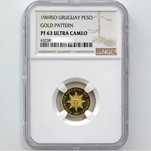 RARE Sunface Gold Pattern, Latin America, Uruguay 1 Pesos, NGC graded PROOF-63