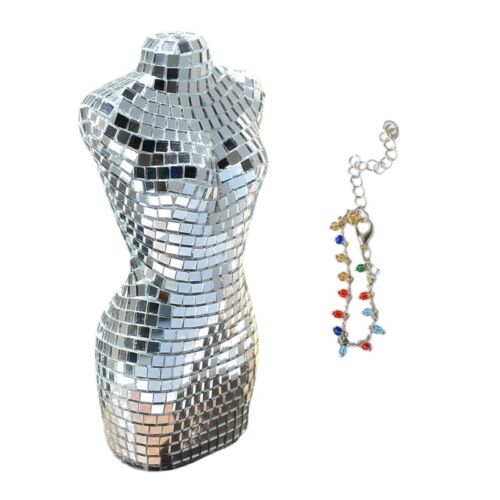 Reflective Silver Discos Mirrored Female Body Statue with Necklace Party Decors