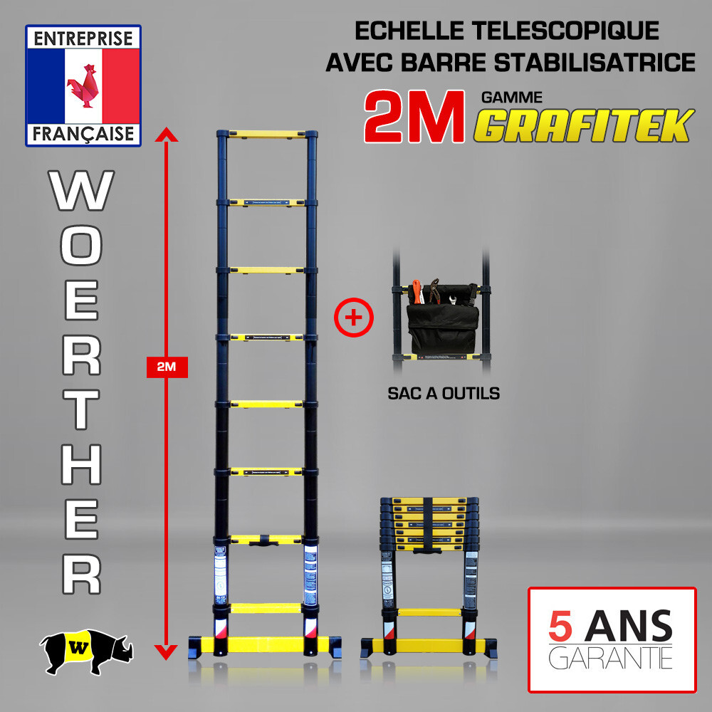 Échelle télescopique 2m Woerther sécurisée grâce à sa barre stabilisatrice