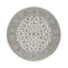 8'x8' Pearl White, 250 KPSI, Nain, Wool and Silk, Hand Knotted, Round Rug R91032
