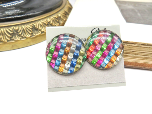 Retro 1980s Multi-Color Woven Design Lucite New Old Stock Earrings NN14