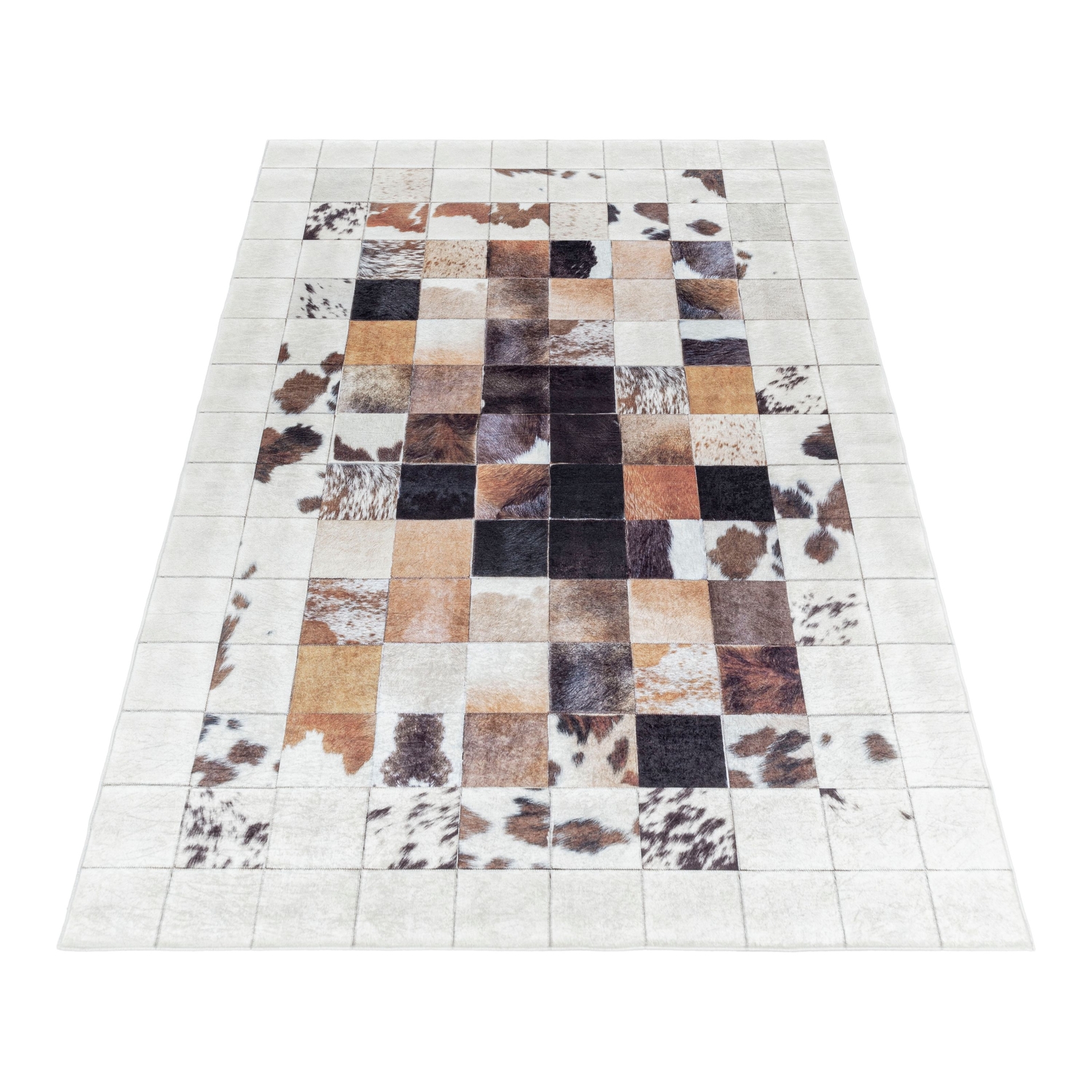 Teppich Patchwork Felloptik Wohnzimmerteppich Waschbar Antirutsch Weiß Braun